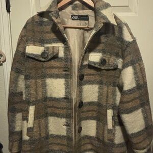 Zara Men's Plaid Shirt Jacket - Brown and Cream